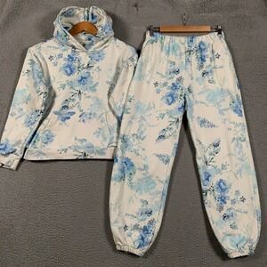 Ivy City Hoodie Jogger Set Women XS White Tracksuit Blue Floral Sweatshirt Pant